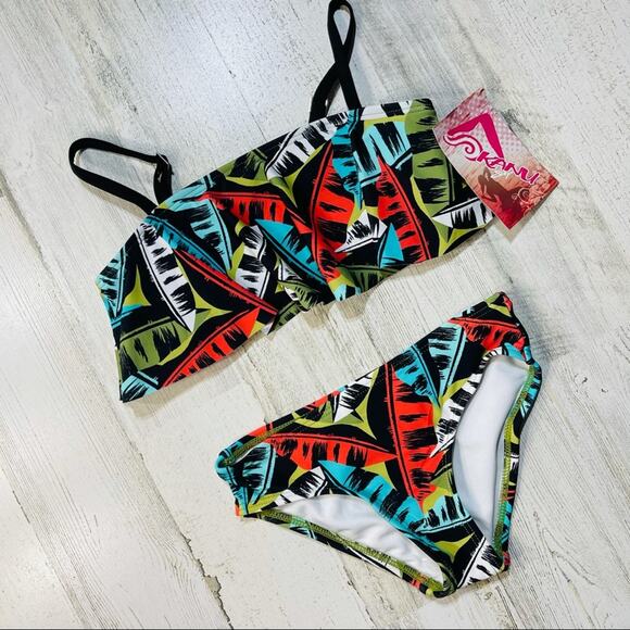 Kanu Surf Girls Maya Swimsuit Bikini SZ 7 Adjustable Spaghetti Straps Leaf Print - Picture 1 of 6